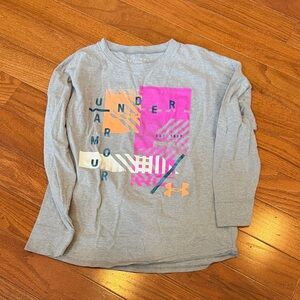 Under Armour Kids Gray Long Sleeve Tee with Pink and Orange Graphic